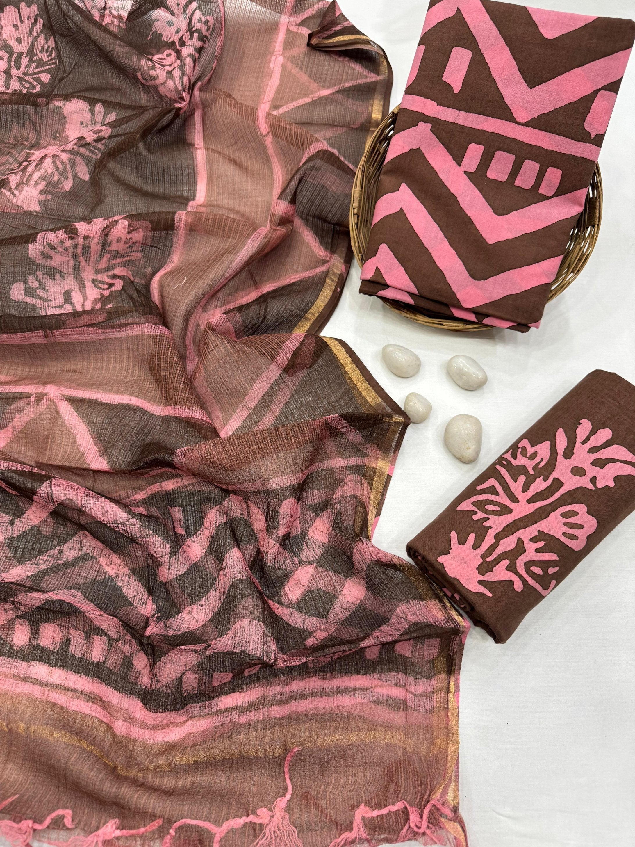 Handcrafted Kota Doria Brown Geometrical Design Dress Material – Lightweight handblock printed fabric for boutiques, designers & wholesale buyers